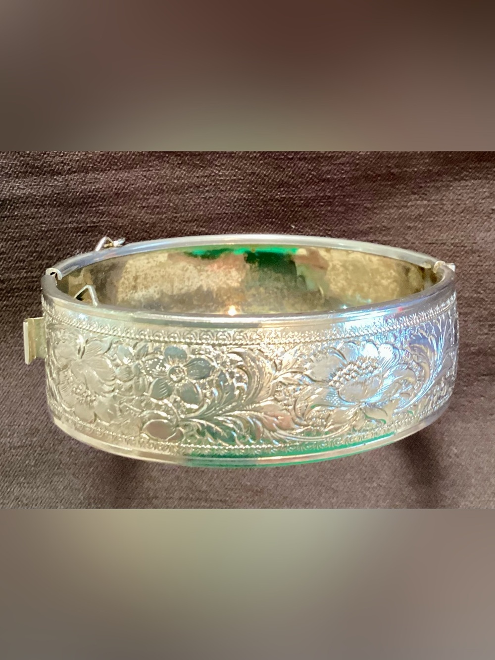 Vintage Victorian Revival Etched Silver Tone Bangle Bracelet